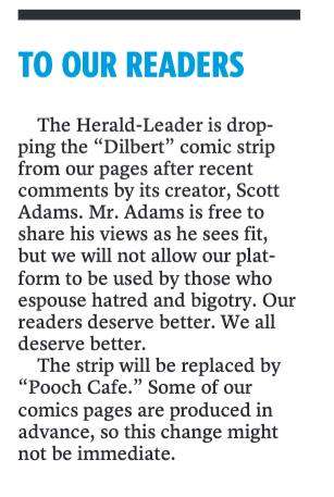 Herald-Leader joins newspapers around the country in cancelling Dilbert creator over racist remarks on his YouTube show