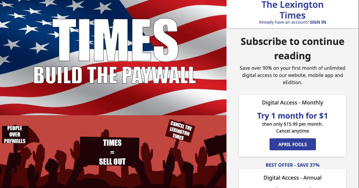 April 1, 2023: In Effort to Fund Trump Legal Defense, Times Builds Virtual Paywall to Keep Out Non-Subscribers
