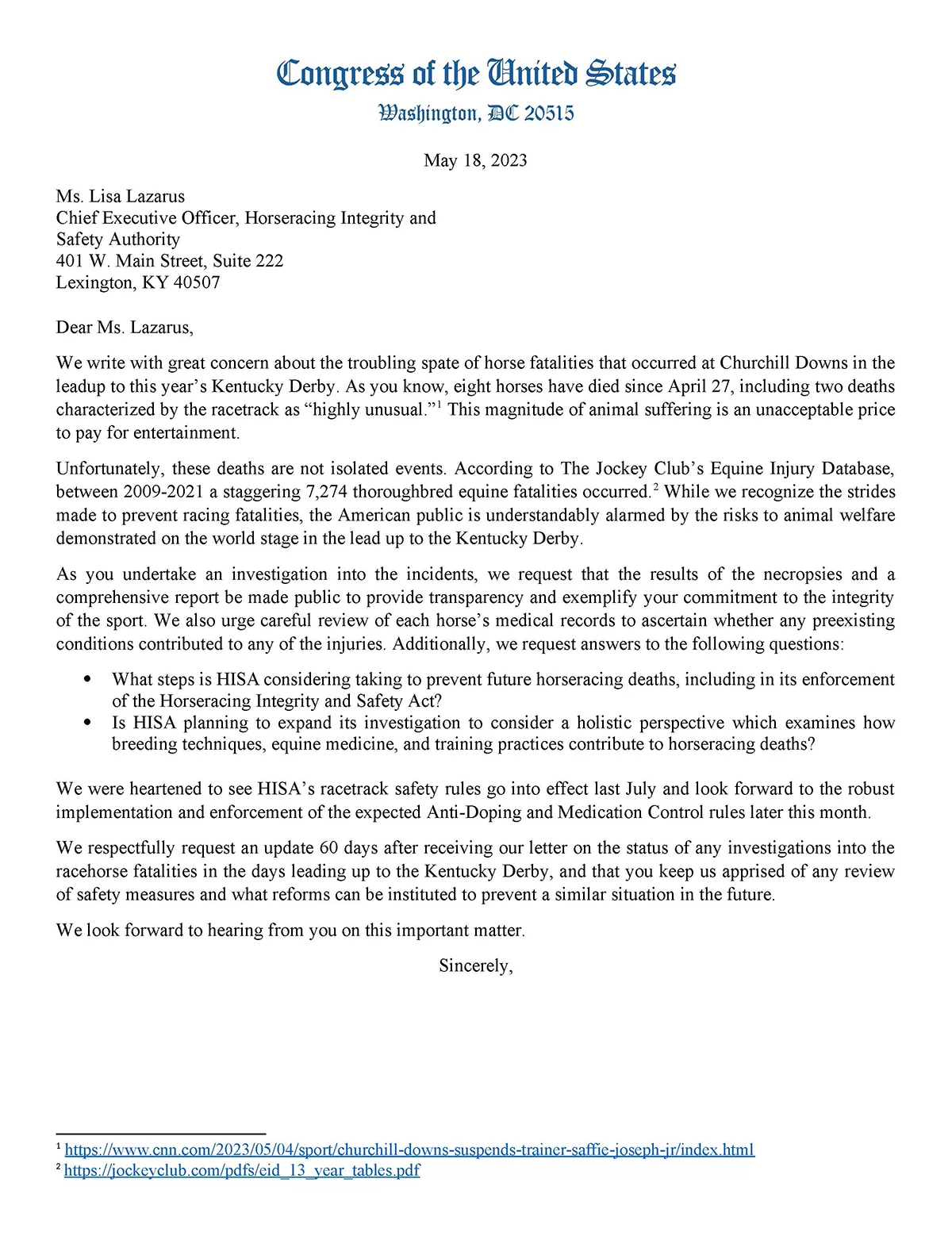 Bipartisan Congressional Letter Calls for Full Investigation into Horse Deaths Leading Up to Kentucky Derby