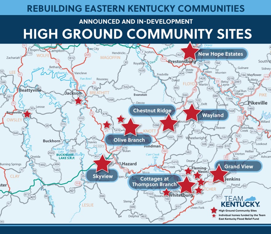 A graphic from the Kentucky governor's office shows the approximate locations of all seven high-ground sites announced so far.