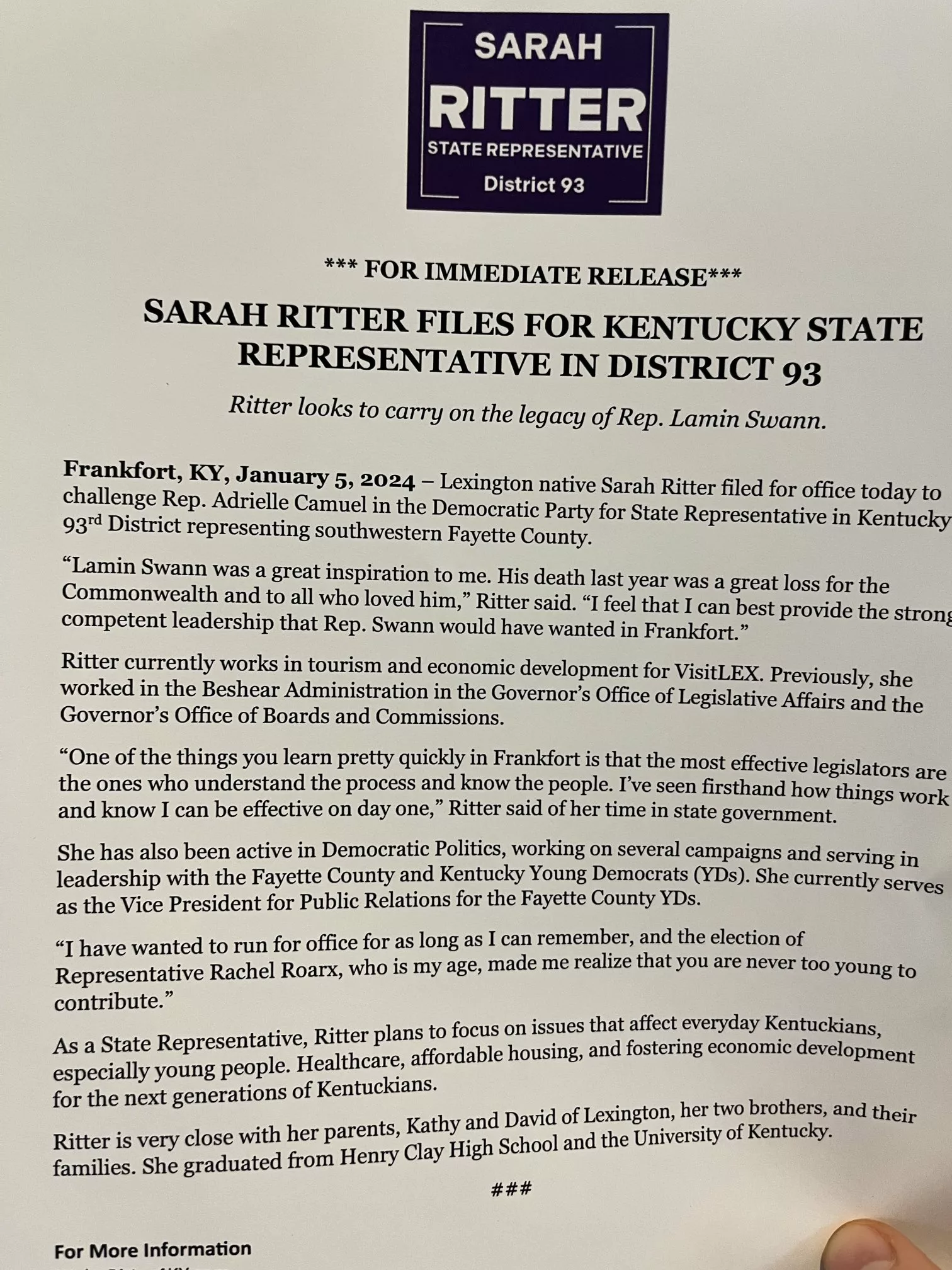 Sarah Ritter files for KY State Representative in District 93, challenging Adrielle Camuel