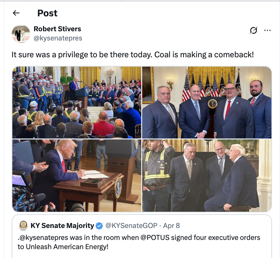 KY Senate president praises Trump’s pro-coal moves, questions fossil fuels’ role in climate change