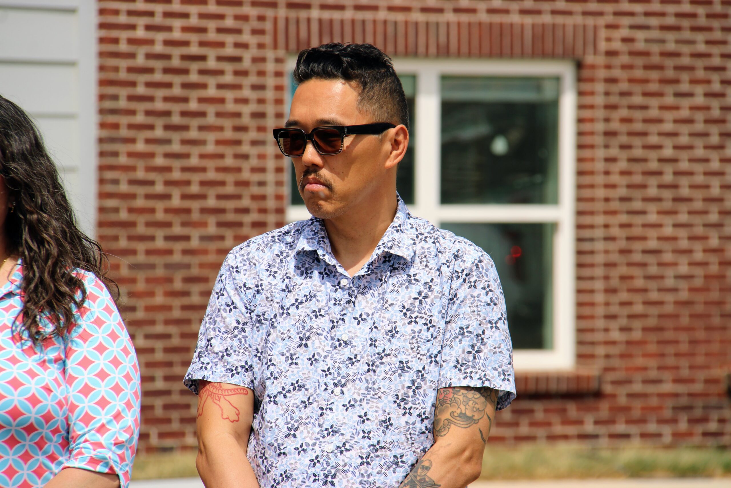 Vice Mayor Dan Wu frowns at an April 17, 2026 press conference. (Paul Oliva / The Lexington Times)
