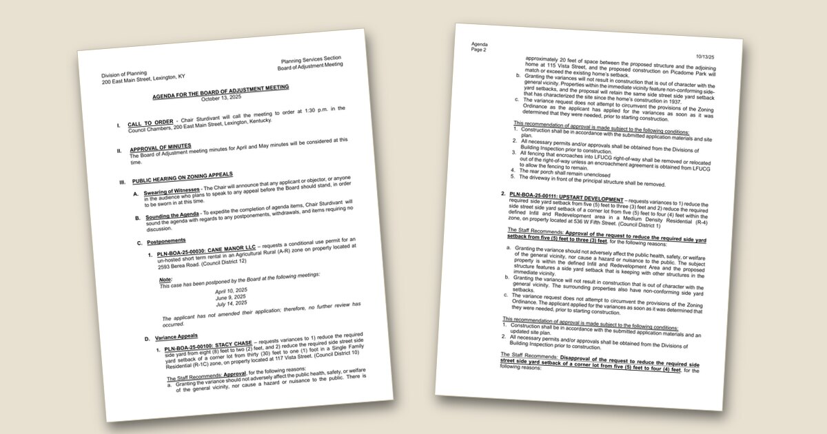 Cover page of the Board of Adjustment Meeting – Oct 13, 2025 agenda PDF
