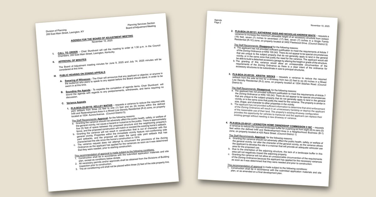 Cover page of the Board of Adjustment Meeting – Nov 10, 2025 agenda PDF