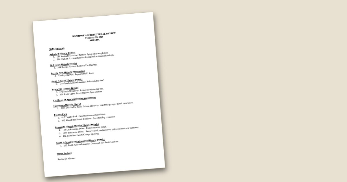 Cover page of the Board of Architectural Review – Feb 18, 2026 agenda PDF