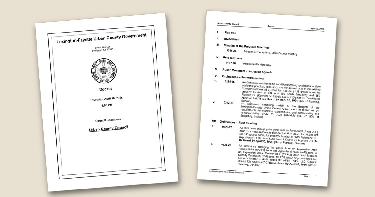 Cover page of the Urban County Council – Apr 30, 2026 agenda PDF
