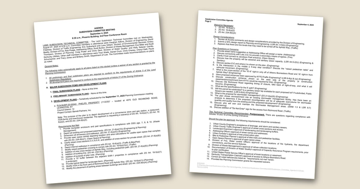 Cover page of the Planning Commission Subdivision (Sub) Committee – Sep 04, 2025 agenda PDF