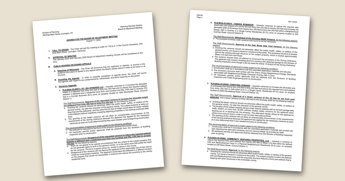 Cover page of the Board of Adjustment Meeting – Aug 11, 2025 agenda PDF