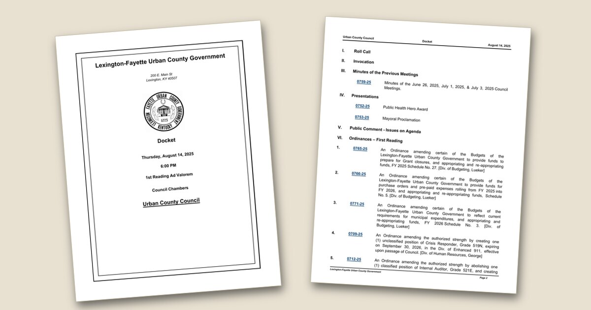Cover page of the Tax rates, job changes, infrastructure funding headline Lexington council meeting agenda PDF