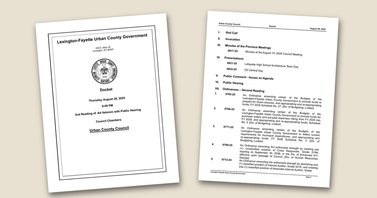 Cover page of the Urban County Council – Aug 28, 2025 agenda PDF