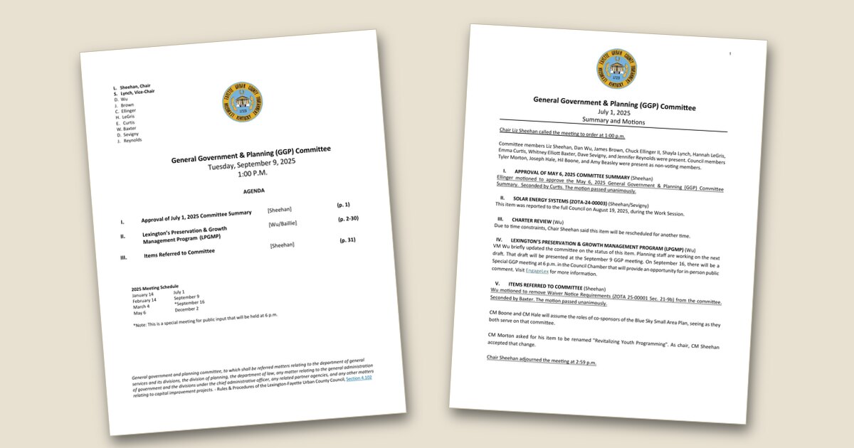 Cover page of the General Government and Planning (GGP) Committee – Sep 09, 2025 agenda PDF