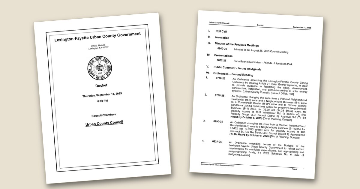 Cover page of the Urban County Council – Sep 11, 2025 agenda PDF