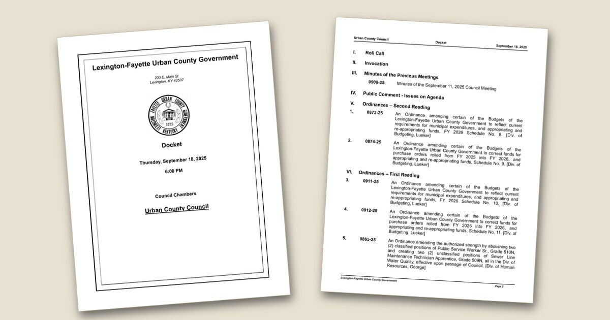 Cover page of the Urban County Council – Sep 18, 2025 agenda PDF