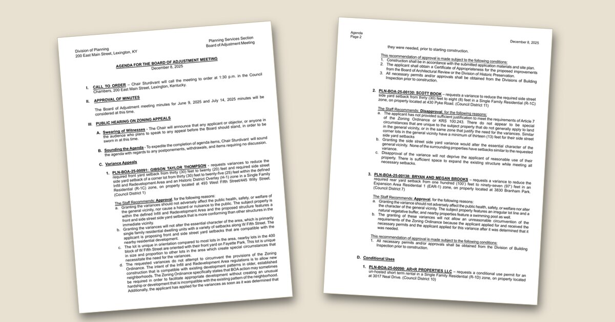 Cover page of the Board of Adjustment Meeting – Dec 08, 2025 agenda PDF
