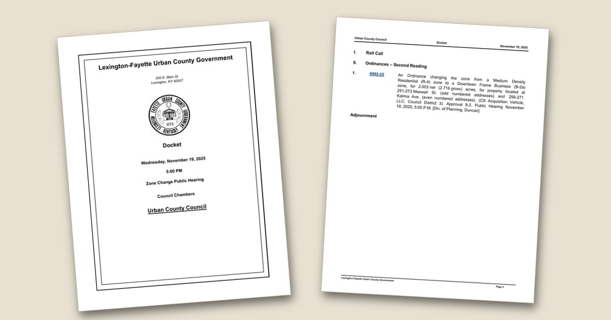 Cover page of the Urban County Council Zone Change Public Hearing – Nov 19, 2025 agenda PDF