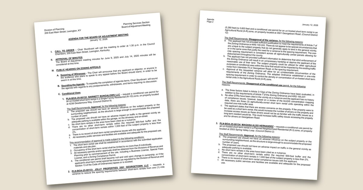Cover page of the Board of Adjustment Meeting – Jan 12, 2026 agenda PDF