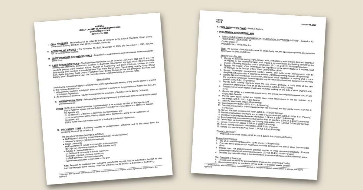 Cover page of the Planning Commission Subdivision Items – Jan 15, 2026 agenda PDF