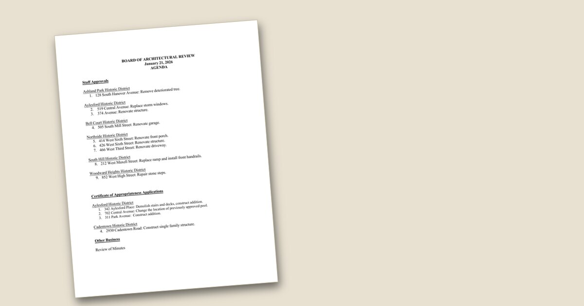 Cover page of the Board of Architectural Review – Jan 21, 2026 agenda PDF