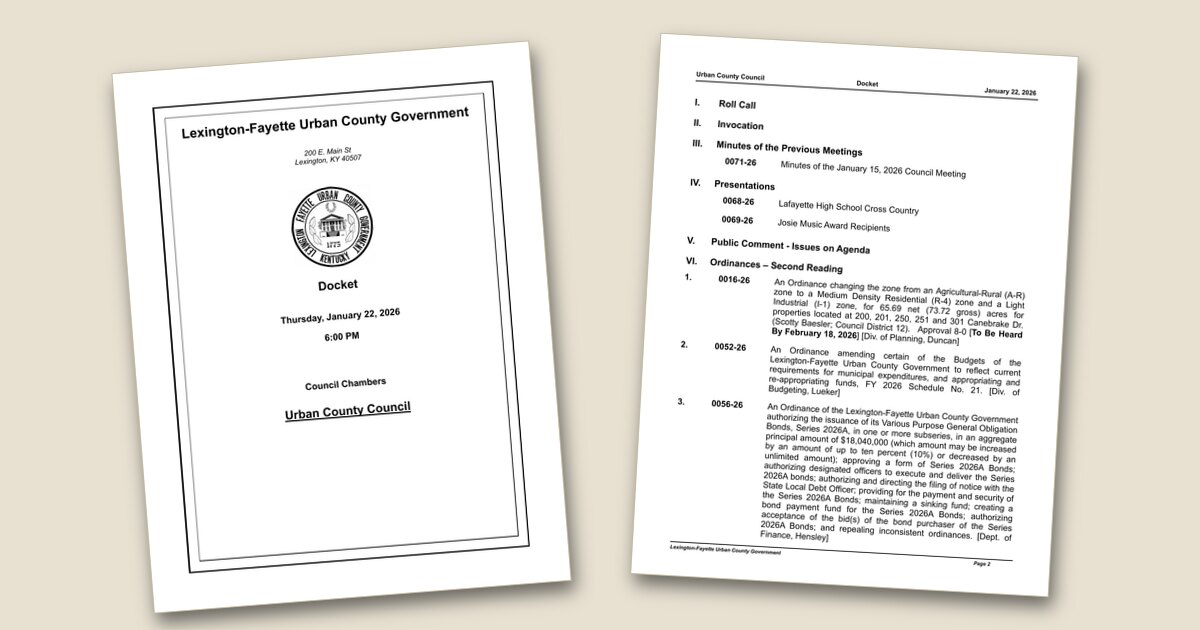Cover page of the Urban County Council – Jan 22, 2026 agenda PDF