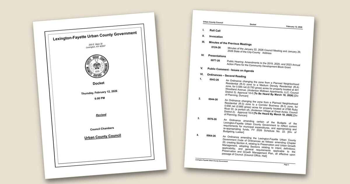 Cover page of the Urban County Council – Feb 12, 2026 agenda PDF