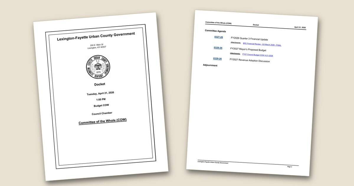 Cover page of the Committee of the Whole (COW): FY27 Budget – Apr 21, 2026 agenda PDF