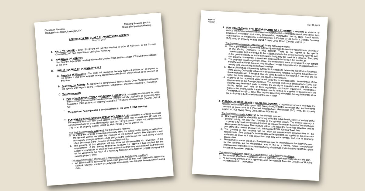 Board of Adjustment to consider zoning variances, parking proposal