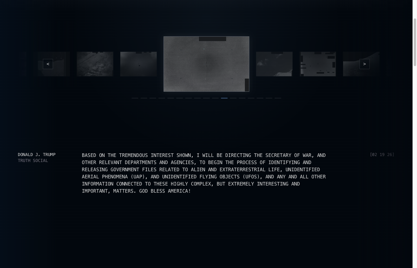 Header of war.gov/UFO showing the PURSUE site, a horizontal carousel of grayscale evidence-style images, a real-time clock, and a quote from President Trump