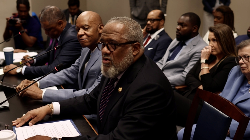 U.S. Rep. Troy Carter, D-New Orleans testifies Friday, May 8, 2026, before the state Senate and Governmental Affairs Committee that is considered proposals to update the state&rsquo;s congressional districts. hearing. Seated to Carter&rsquo;s right are former Congressmen Bill Jefferson and Cedric Richmond. U.S. Rep Cleo Fields is obscured, sitting to Richmond&rsquo;s right. (Photo by Wes Muller/Louisiana Illuminator)