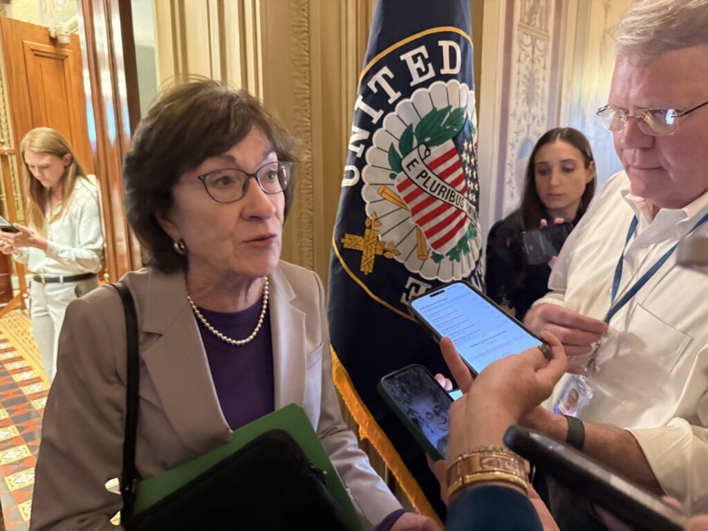 U.S. Senate Appropriations Committee Chairwoman Susan Collins, R-Maine, speaks with reporters inside the U.S. Capitol on Sept. 29, 2025. (Photo by Jennifer Shutt/States Newsroom)