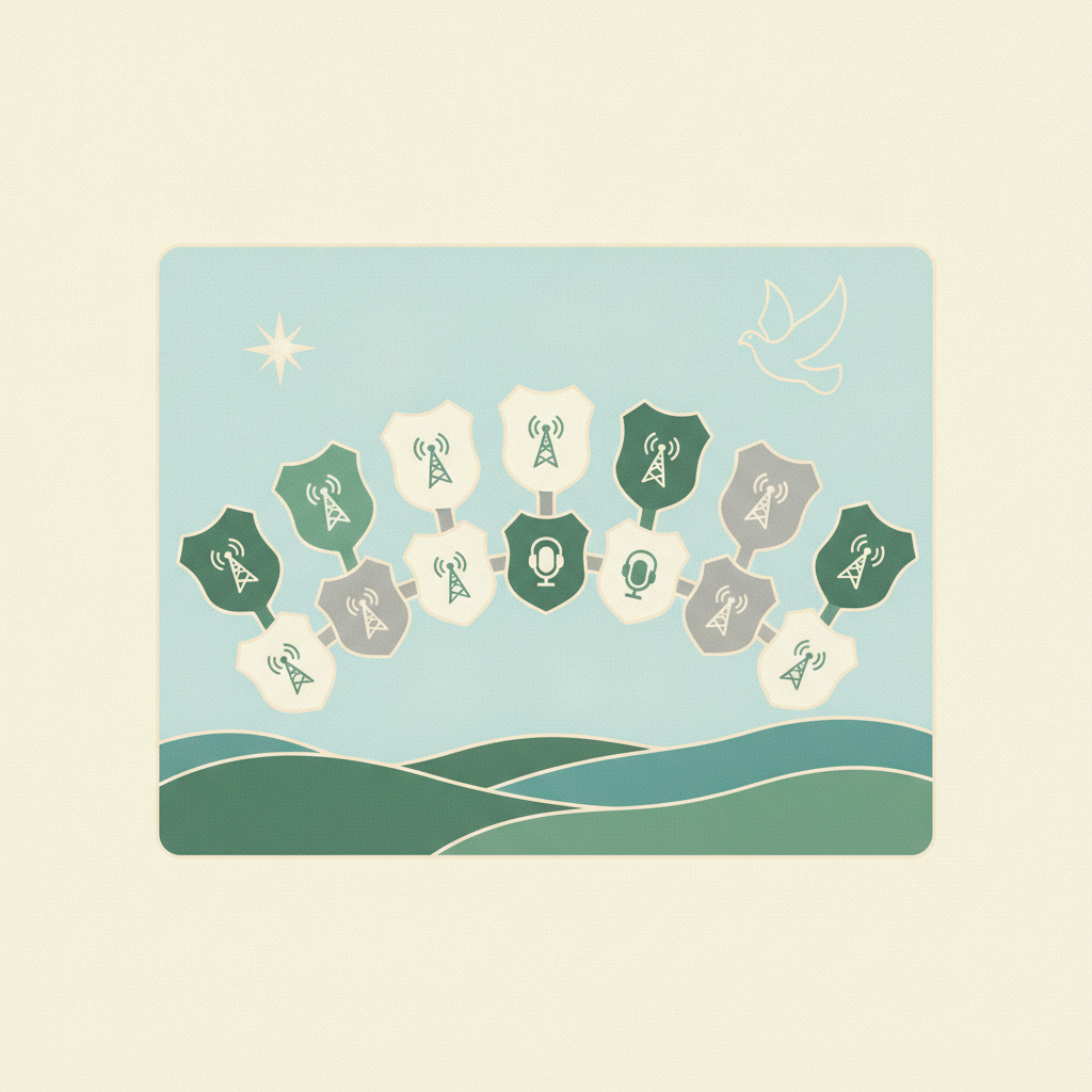 An illustration featuring a stylized bridge composed of