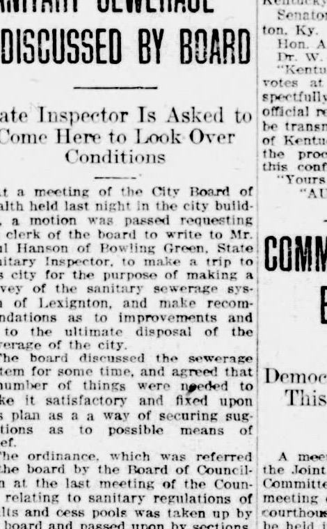 Lexington Herald, June 24, 1911: Sanitary Sewerage Discussed by Board