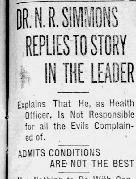 Lexington Leader front page, June 26, 1911: Dr. N. R. Simmons Replies to Story in the Leader