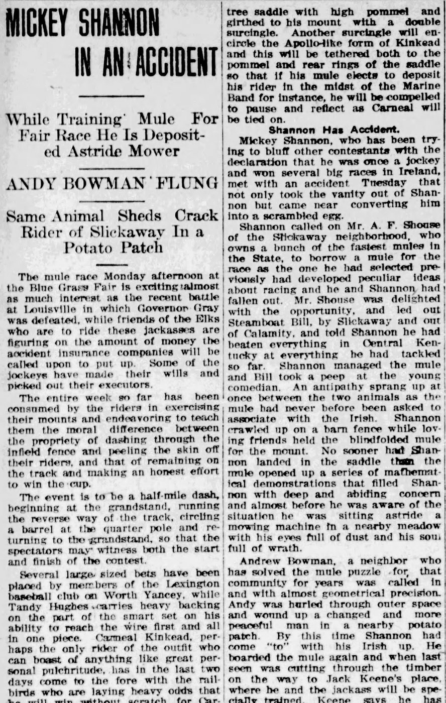 Mickey Shannon In An Accident, Lexington Herald Aug 3 1911