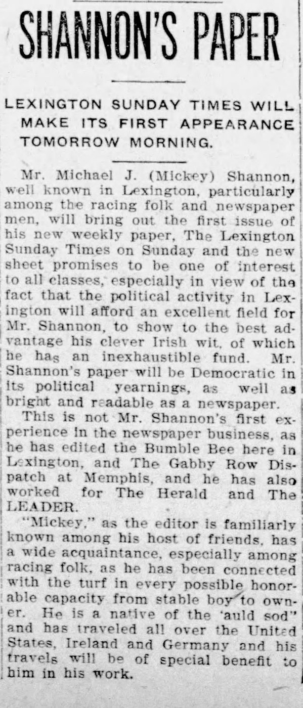 Shannon's Paper launch announcement, Lexington Leader Aug 26 1911