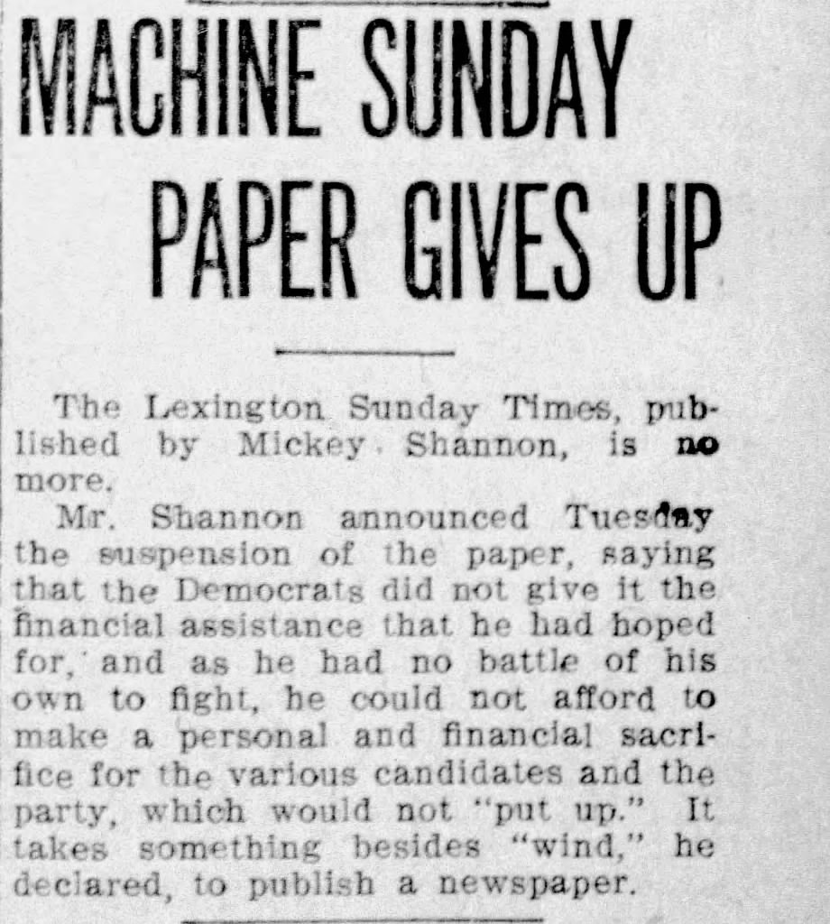 Machine Sunday Paper Gives Up, Lexington Leader front page Sept 5 1911