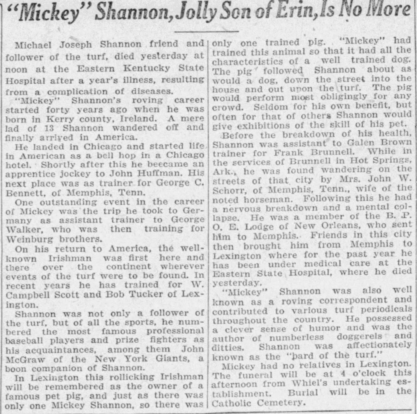Mickey Shannon obituary, Lexington Herald Nov 7 1918