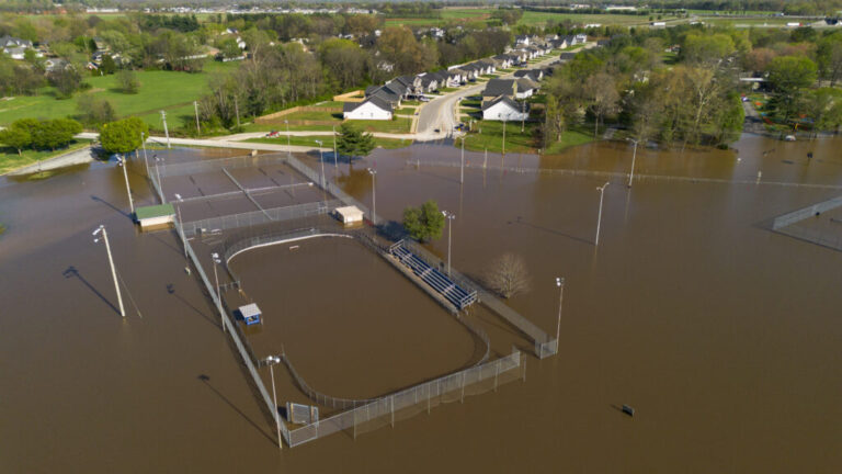 An aerial view of a severe flood submer