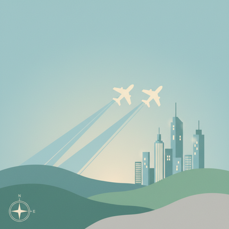 An illustration featuring two stylized airplanes flying in