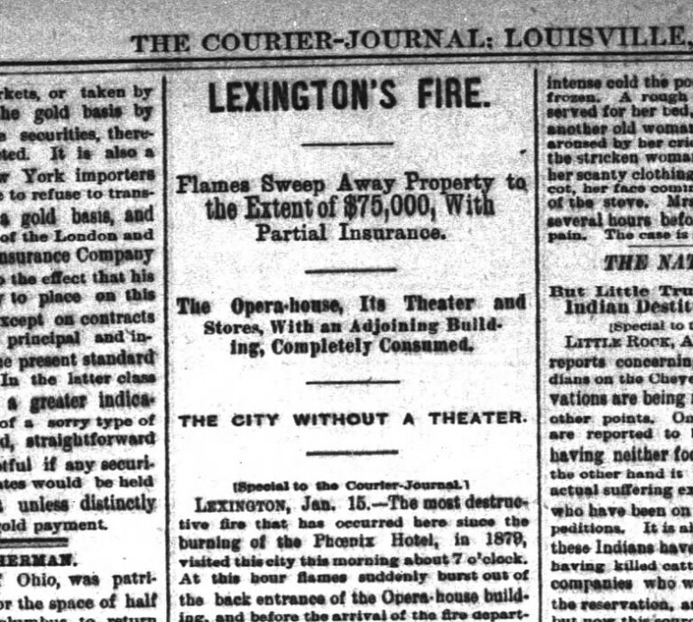 The Courier-Journal of Jan. 16, 1886: “LEXINGTON'S FIRE … The City Without a Theater.” (Public domain; page image via ne