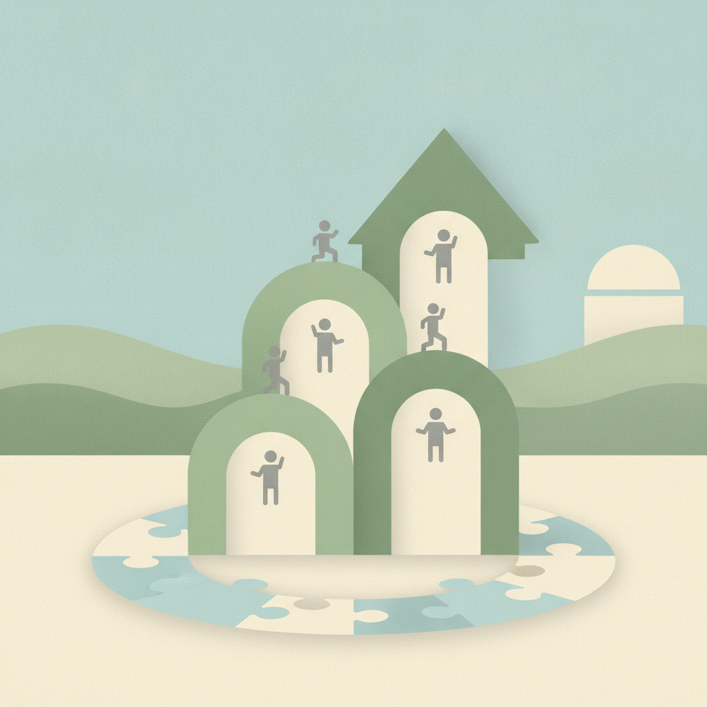 An abstract illustration featuring several stylized