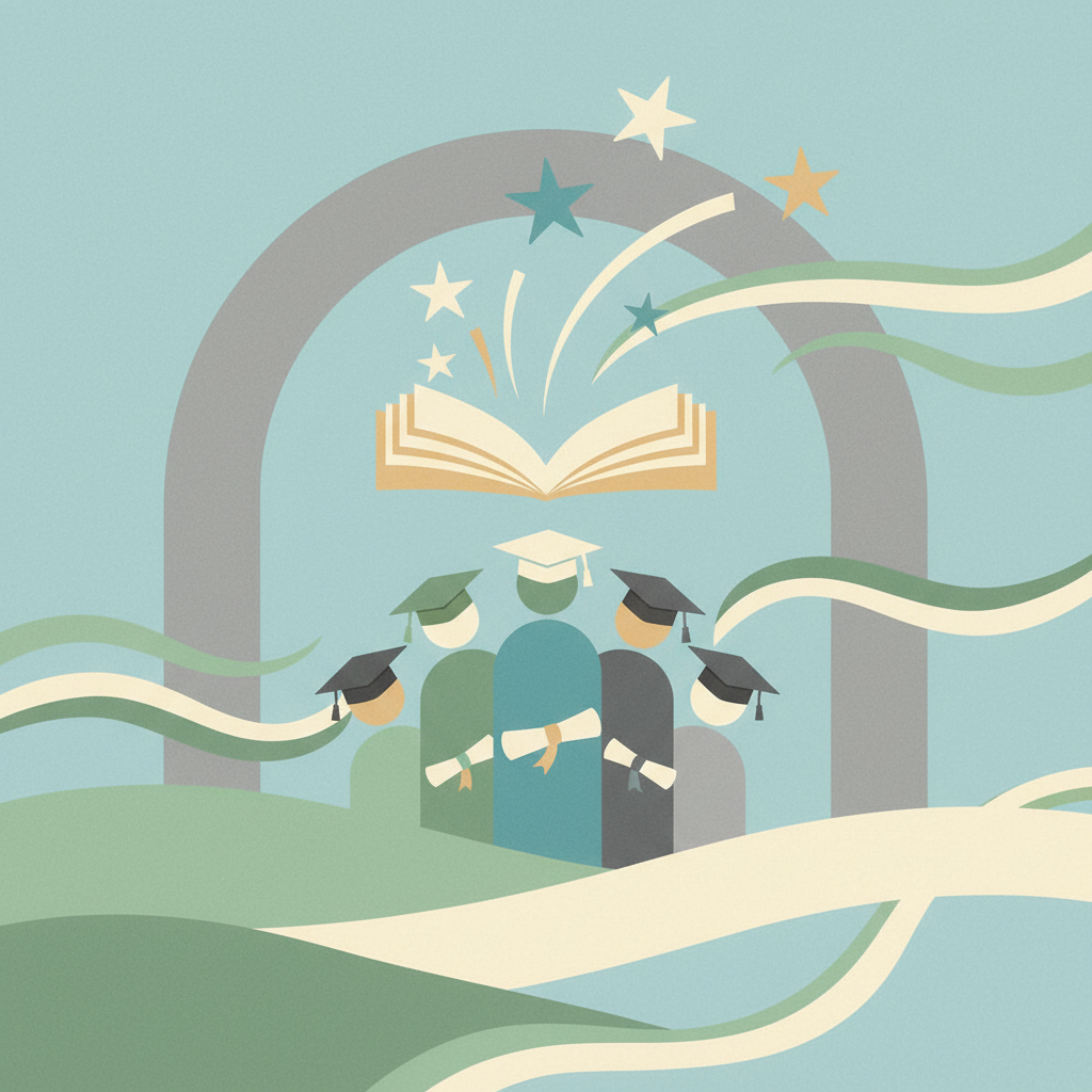 An illustration featuring five stylized graduates