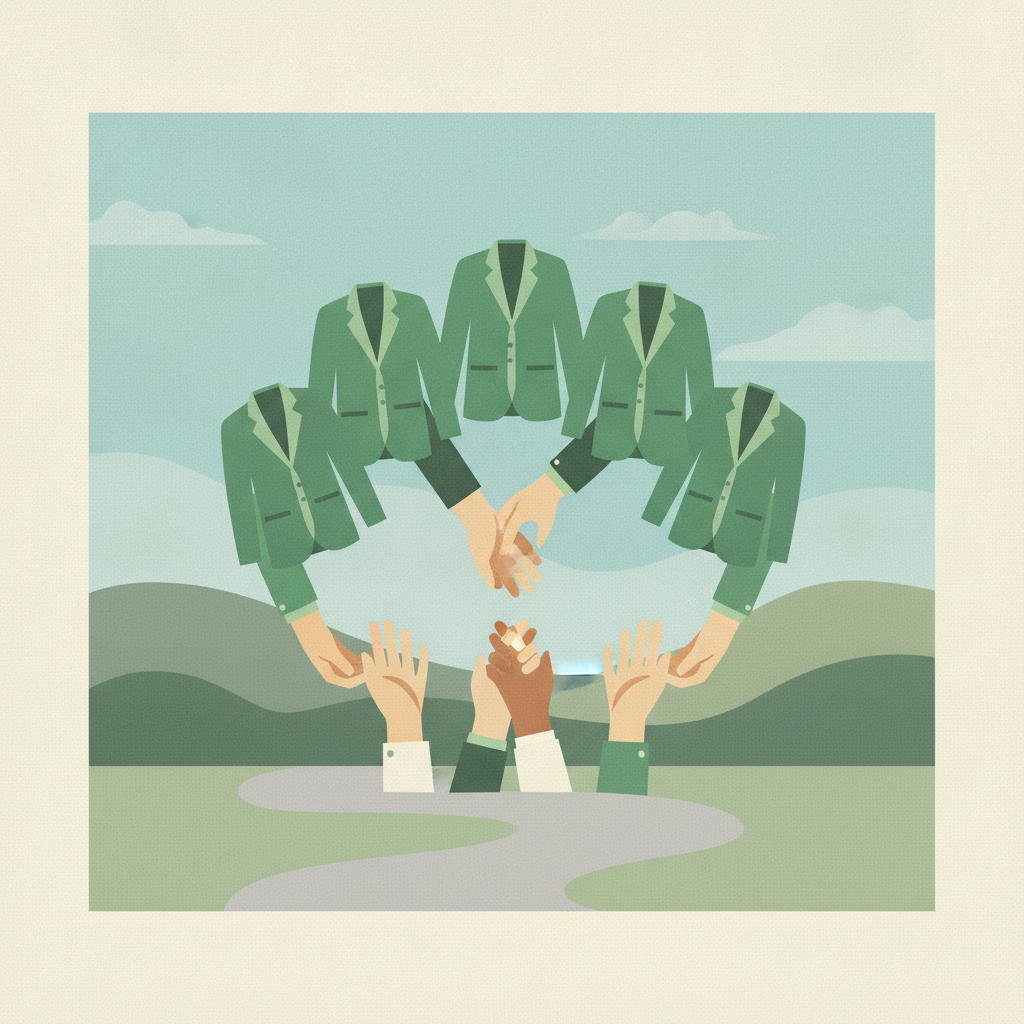 An illustration of five green blazers