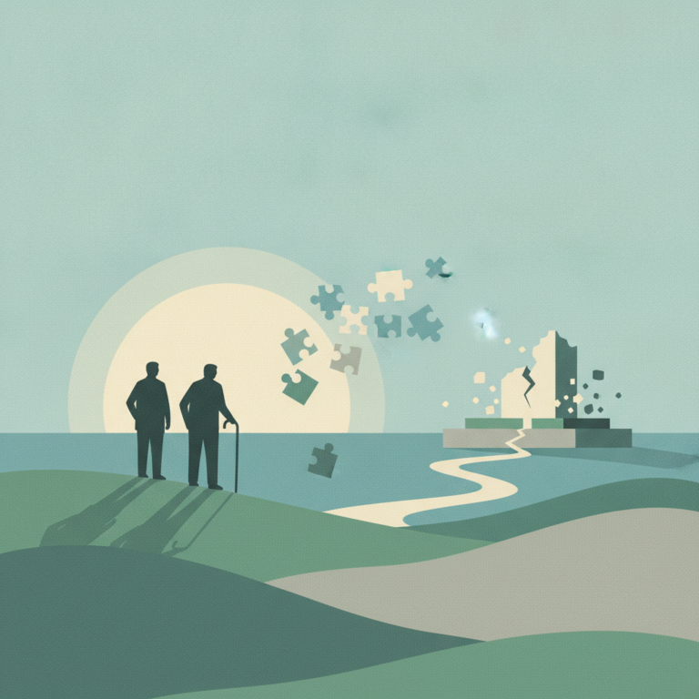 An illustration depicting two elderly men in silhouette