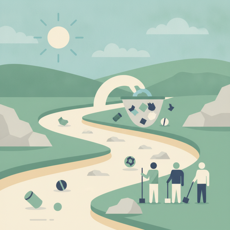 An illustration of a river cleanup event