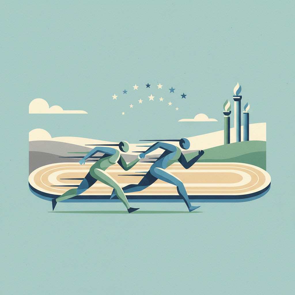 A minimalist graphic illustration of two stylized runners
