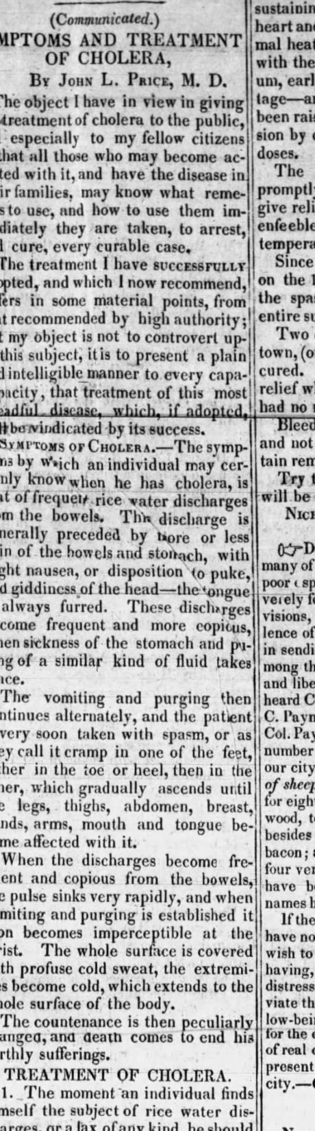 Symptoms and Treatment of Cholera, Kentucky Gazette 1833