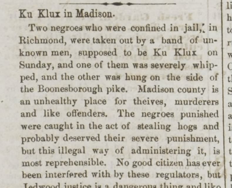 Kentucky Gazette report headed “Ku Klux in Madison,” December 15, 1869