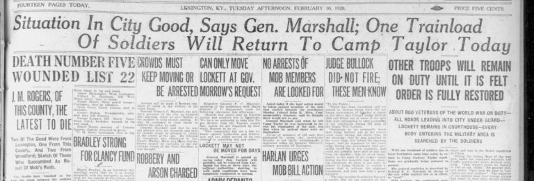 The Lexington Leader of Tuesday afternoon, Feb. 10, 1920: “Situation In City Good, Says Gen. Marshall” — over a running