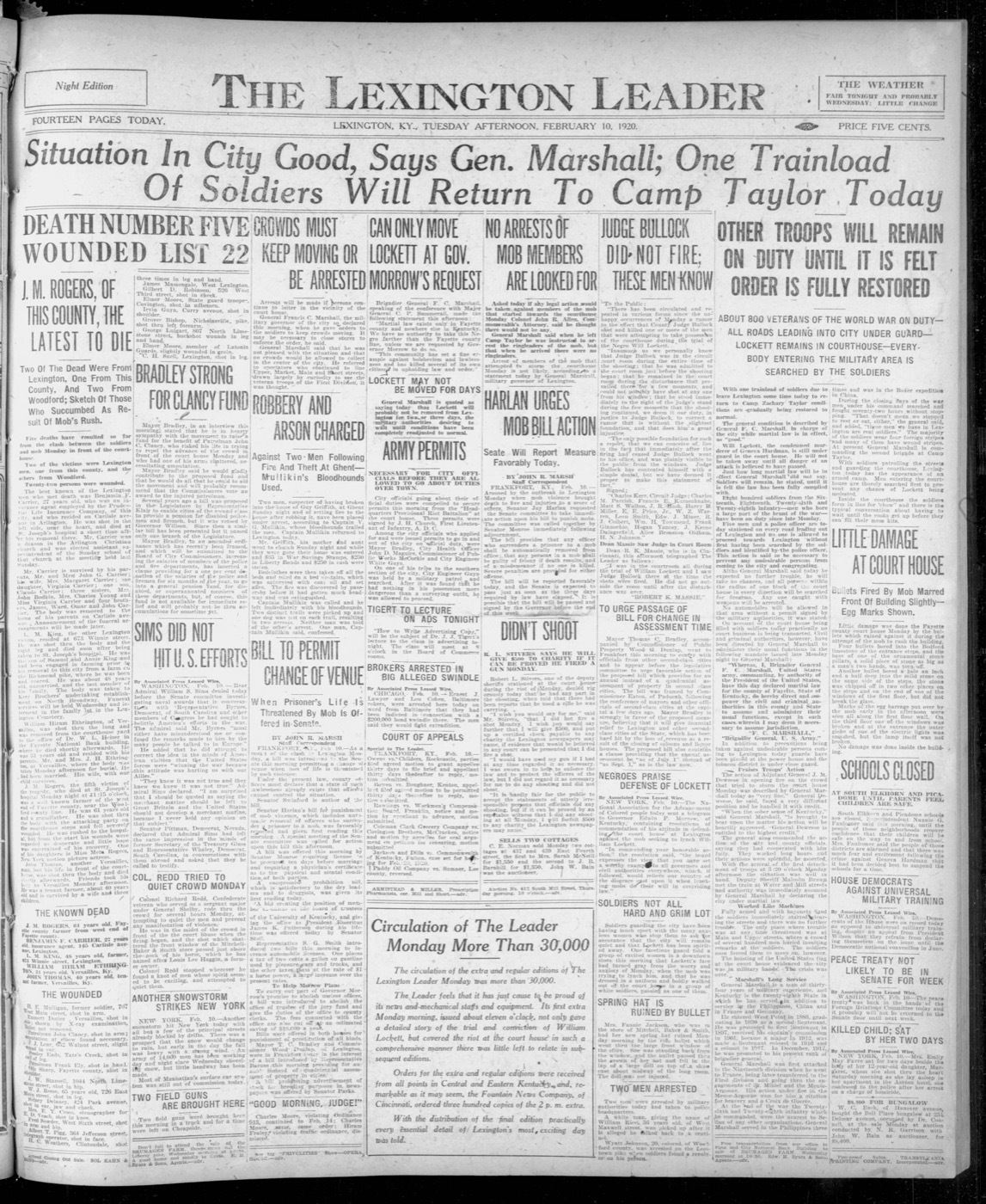 Lexington Leader front page, February 10, 1920